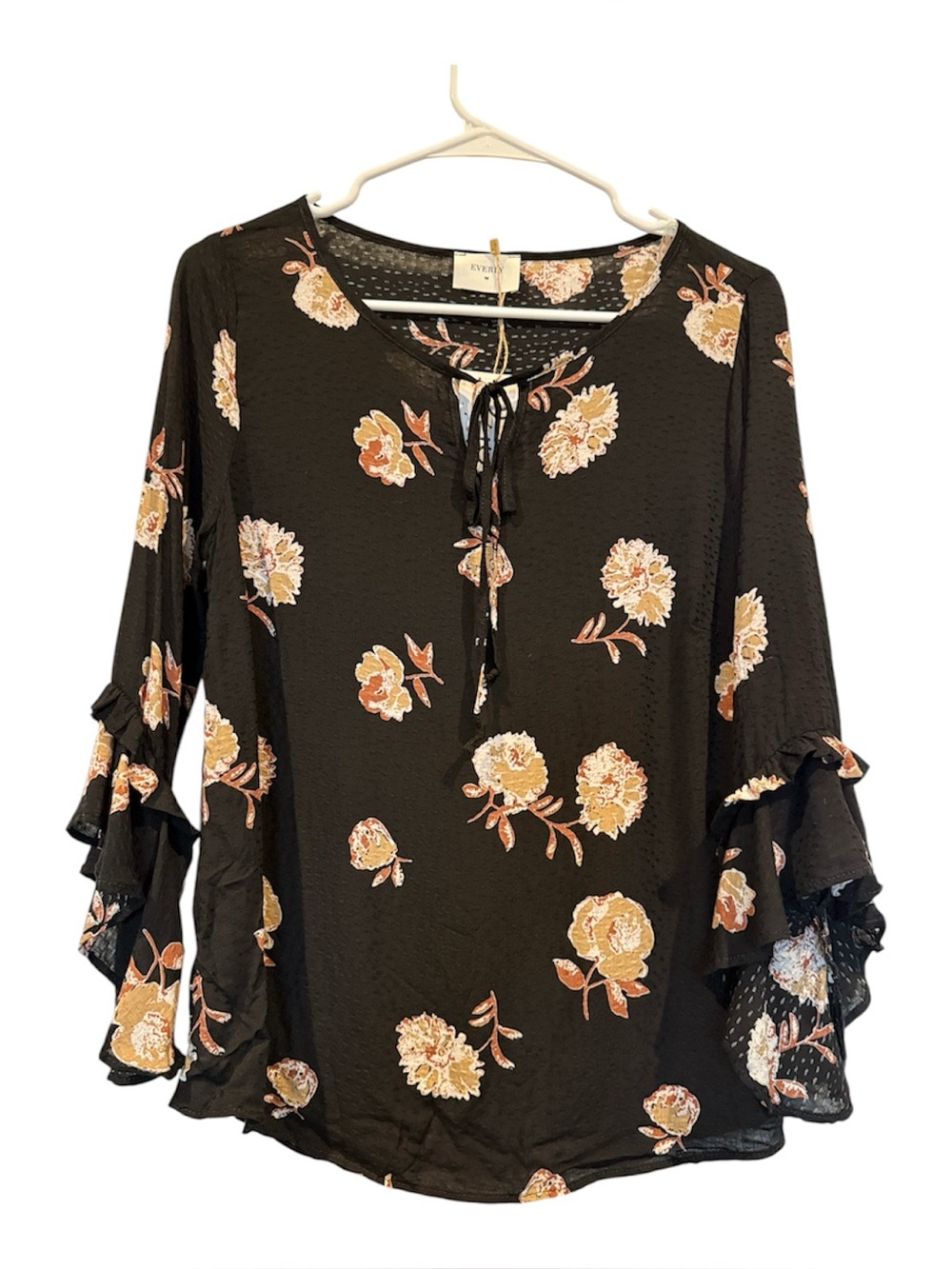 Everly Black Floral Ruffle-Sleeve Tie-Front Blouse